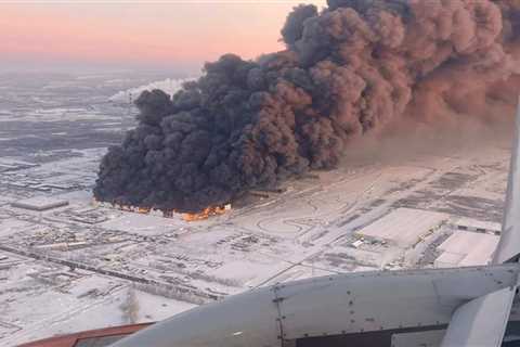 Huge blaze rips through retailer’s warehouse in Russia as panicked workers flee burning building..